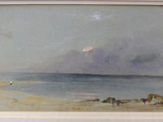 SAMUEL GILLESPIE PROUT (1822-1911) A SEASCAPE WITH SETTING SUN, WATERCOLOUR. 12.5 x 18.5cms together