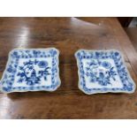 A PAIR OF MEISSEN ONION PATTERN SQUARE FORM SERVING DISHES WITH CROSSED SWORD MARK, Dia.23.5cms.