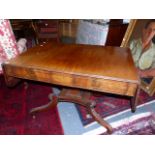 AN EARLY 19th.C.MAHOGANY SOFA TABLE ON SHAPED COLUMN SUPPORT AND SCROLL SABRE LEGS. W.107 x D.68 x