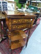 A 19th.C.MAHOGANY AND MARQUETRY INLAID WORK TABLE WITH FOLD OVER TOP, TWO DRAWERS AND TWO LOWER