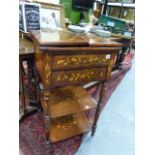 A 19th.C.MAHOGANY AND MARQUETRY INLAID WORK TABLE WITH FOLD OVER TOP, TWO DRAWERS AND TWO LOWER