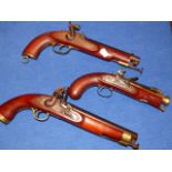 THREE GOOD QUALITY REPLICA FLINTLOCK AND PERCUSSION PISTOLS, THREE COPPER POWDER FLASKS, DISPLAY