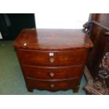 A 19th.C.CONTINENTAL BOWFRONT WALNUT AND INLAID THREE DRAWER COMMODE CHEST. W.79 x H.70cms.