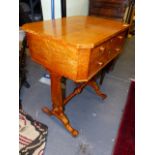 A VICTORIAN BIRD'S EYE MAPLE WORK TABLE WITH FITTED UPPER DRAWER ON TRESTLE END SUPPORTS. W.58 x H.