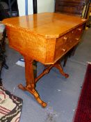 A VICTORIAN BIRD'S EYE MAPLE WORK TABLE WITH FITTED UPPER DRAWER ON TRESTLE END SUPPORTS. W.58 x H.