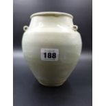 AN ORIENTAL PALE CELADON BALUSTER VASE WITH THREE APPLIED LOOP HANDLES TO THE SHOULDER, POSSIBLY
