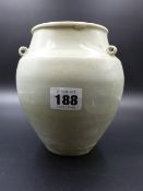 AN ORIENTAL PALE CELADON BALUSTER VASE WITH THREE APPLIED LOOP HANDLES TO THE SHOULDER, POSSIBLY