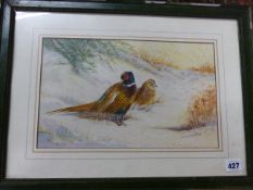 GEORGE HARRINGTON. (20th.C.) PHEASANTS IN SNOW, A SIGNED WATERCOLOUR. 21 x 35cms.