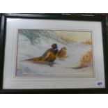 GEORGE HARRINGTON. (20th.C.) PHEASANTS IN SNOW, A SIGNED WATERCOLOUR. 21 x 35cms.