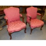 A PAIR OF GEORGIAN STYLE MAHOGANY SHOW FRAME SALON ARMCHAIRS.