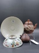 A GROUP OF FOUR CHINESE ARTICLES, A PALE CELADON GLAZE SHALLOW BOWL WITH RAISED FOLIATE