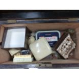 A BOX OF COLLECTABLES TO INCLUDE COINS, RAF BADGES, HARMONICA, PEARLS, ETC.