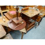 A VICTORIAN WALNUT WHAT NOT, A TRIPOD TABLE AND A CORNER TABLE.