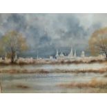 A WATERCOLOUR OXFORD SPIRES BY KEN MESSER.