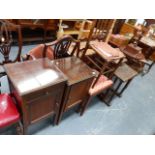 TWO BEDSIDE CABINETS, A 19th.C.SIDE CHAIR, A BEDROOM CHAIR, STOOL AND OCCASIONAL TABLE.