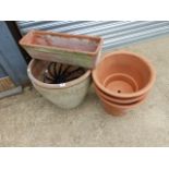 VARIOUS TERRACOTTA PLANT POTS, HANGING BASKETS, ETC