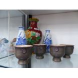 A SET OF FOUR SAKI CUPS, A CLOISONNE VASE, ETC.