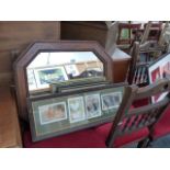 AN OAK FRAMED MIRROR AND VARIOUS PRINTS.