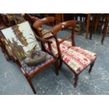 A PAIR OF VICTORIAN SIDE CHAIRS AND A MAHOGANY ARMCHAIR.