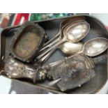A SILVER CONDIMENT SET TOGETHER WITH SIX SILVER TEASPOONS.