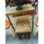 AN OAK OCCASIONAL TABLE TOGETHER WITH AN OAK BOX STOOL.