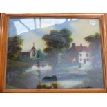 AN ANTIQUE REVERSE PAINTING ON GLASS.