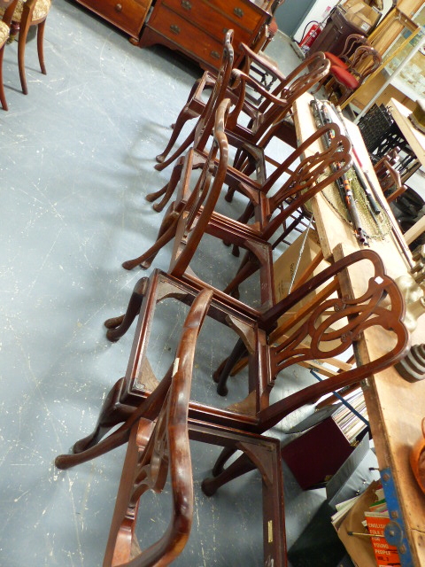 A SET OF SIX MAHOGANY DINING CHAIRS.