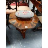 AN INLAID OCCASIONAL TABLE AND A STOOL.