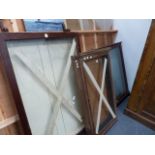 THREE ANTIQUE MAHOGANY WALL MOUNTED DISPLAY CABINETS.