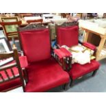A PAIR OF VICTORIAN ARMCHAIRS AND A MATCHING SET OF FOUR DINING CHAIRS.