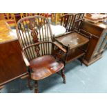 A GOOD QUALITY 19th.C.STYLE WINDSOR ARMCHAIR AND A TEA TROLLEY.