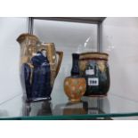 A ROYAL DOULTON JUG, VASE AND LIDDED BARREL.