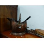 A COPPER COAL SCUTTLE, FIRESIDE SET,ETC.