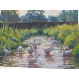 A LARGE OIL ON BOARD DUCKS IN A MILL STREAM SIGNED A BATES.