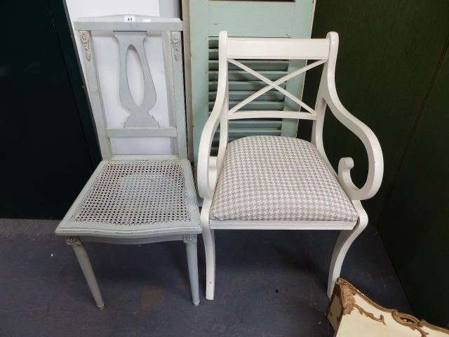 A FRENCH PAINTED SIDE CHAIR AND A REGENCY STYLE ARMCHAIR.