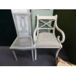 A FRENCH PAINTED SIDE CHAIR AND A REGENCY STYLE ARMCHAIR.