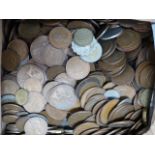 A BOX OF VARIOUS COINS.