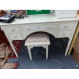 A BESPOKE PAINTED OAK DRESSING TABLE AND STOOL BY SMALLBONE OF DEVIZES.