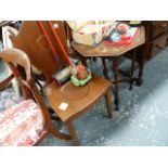 A VICTORIAN HALL CHAIR AND AN OCCASIONAL TABLE DECORATED WITH STAMPS.