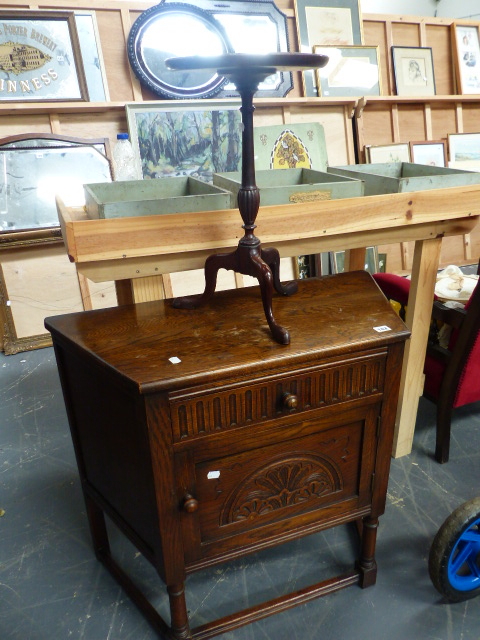 A MAHOGANY INLAID WINE TABLE AND AN OAK SIDE CABINET.