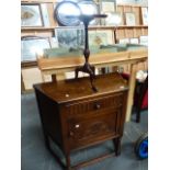 A MAHOGANY INLAID WINE TABLE AND AN OAK SIDE CABINET.