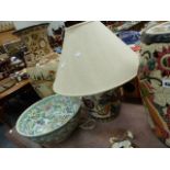 AN ORIENTAL STYLE GARDEN SEAT, A TABLE LAMP, VASE AND A LARGE BOWL.