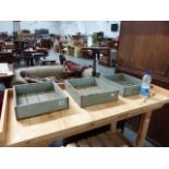 THREE VINTAGE WOODEN SEED TRAYS.