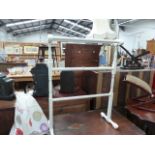 A TOWEL RAIL AND TWO ROCKING STOOLS TOGETHER WITH A VICTORIAN OCCASIONAL TABLE.