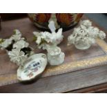 TWO PIN DISHES, WHITE PORCELAIN ORNAMENTS, GLASSWARES ETC.