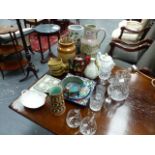 A LARGE DENBY JUG AND OTHER CHINA AND GLASSWARE.
