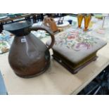A LARGE COPPER JUG AND A VICTORIAN FOOTSTOOL.