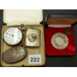 A TOWER MINT BOXED SILVER 250TH JOHN WESLEY COIN TOGETHER WITH A CONTINENTAL SILVER POCKET WATCH