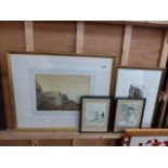 A WATERCOLOUR SIGNED E W FELL TOGETHER WITH VARIOUS PRINTS.