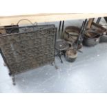 A WROUGHT IRON STAND, VARIOUS IRON CAUDRONS, FIRESCREENS,ETC.